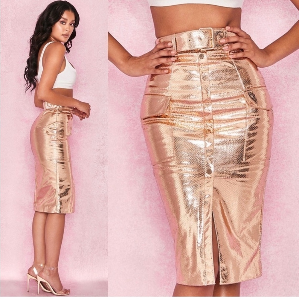NWT House Of CB- Rose Gold Kassiana Belted Pencil Midi Skirt NWT Size Large